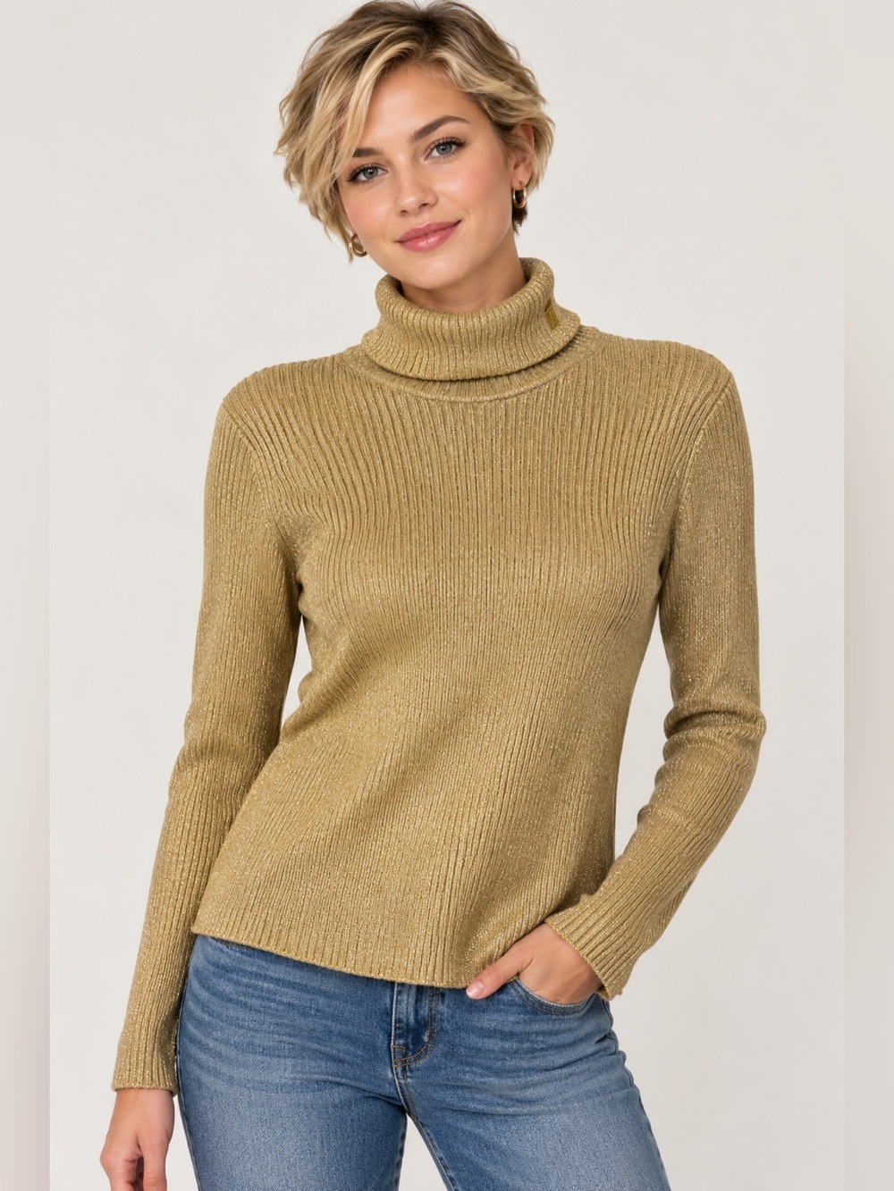 Lauren Ralph Lauren Gold Metallic Ribbed Turtleneck Sweater